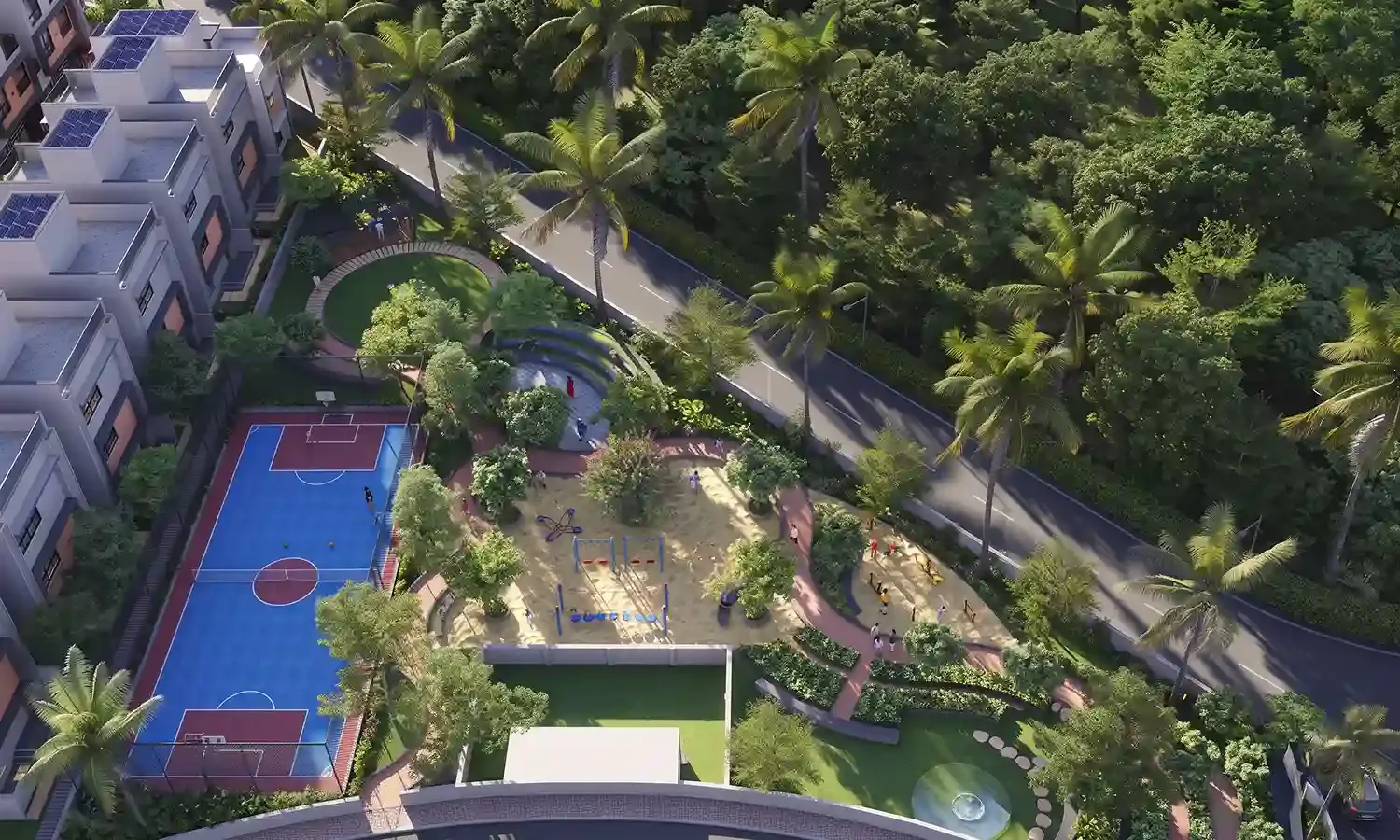 Aerial Master Plan View of Outdoor Amenities and Kids' Play Area