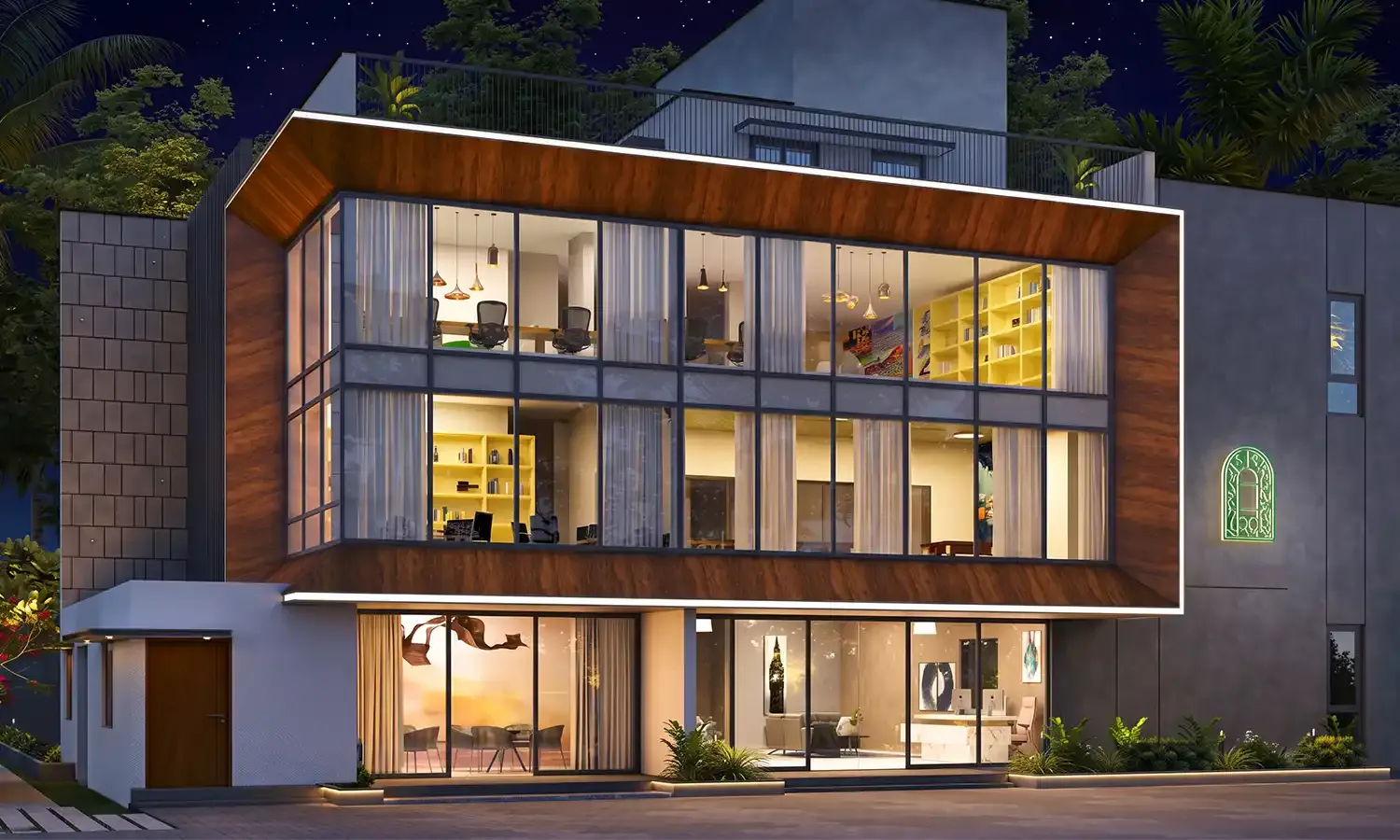 Contemporary Clubhouse Exterior with Illuminated Glass Facade