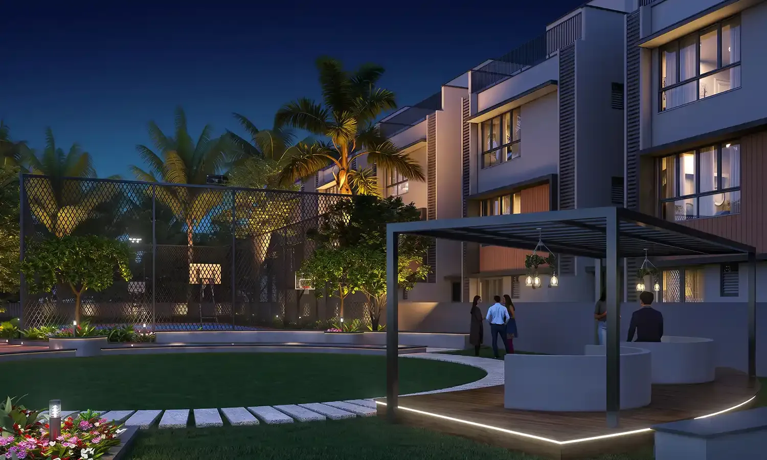Twilight View of Landscaped Recreational Zone and Sports Court